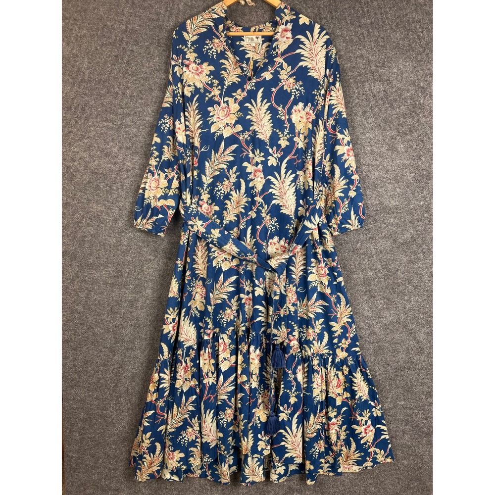 Mille Resort & Travel Maxi Dress Womens L Blue Floral Tassel Belted Cotton
